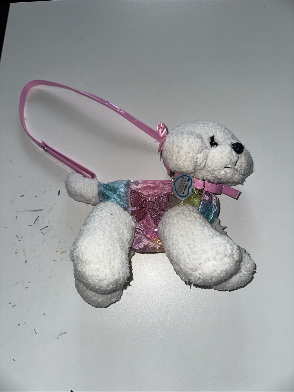 White Plush Dog Crossbody Purse with Pink Strap